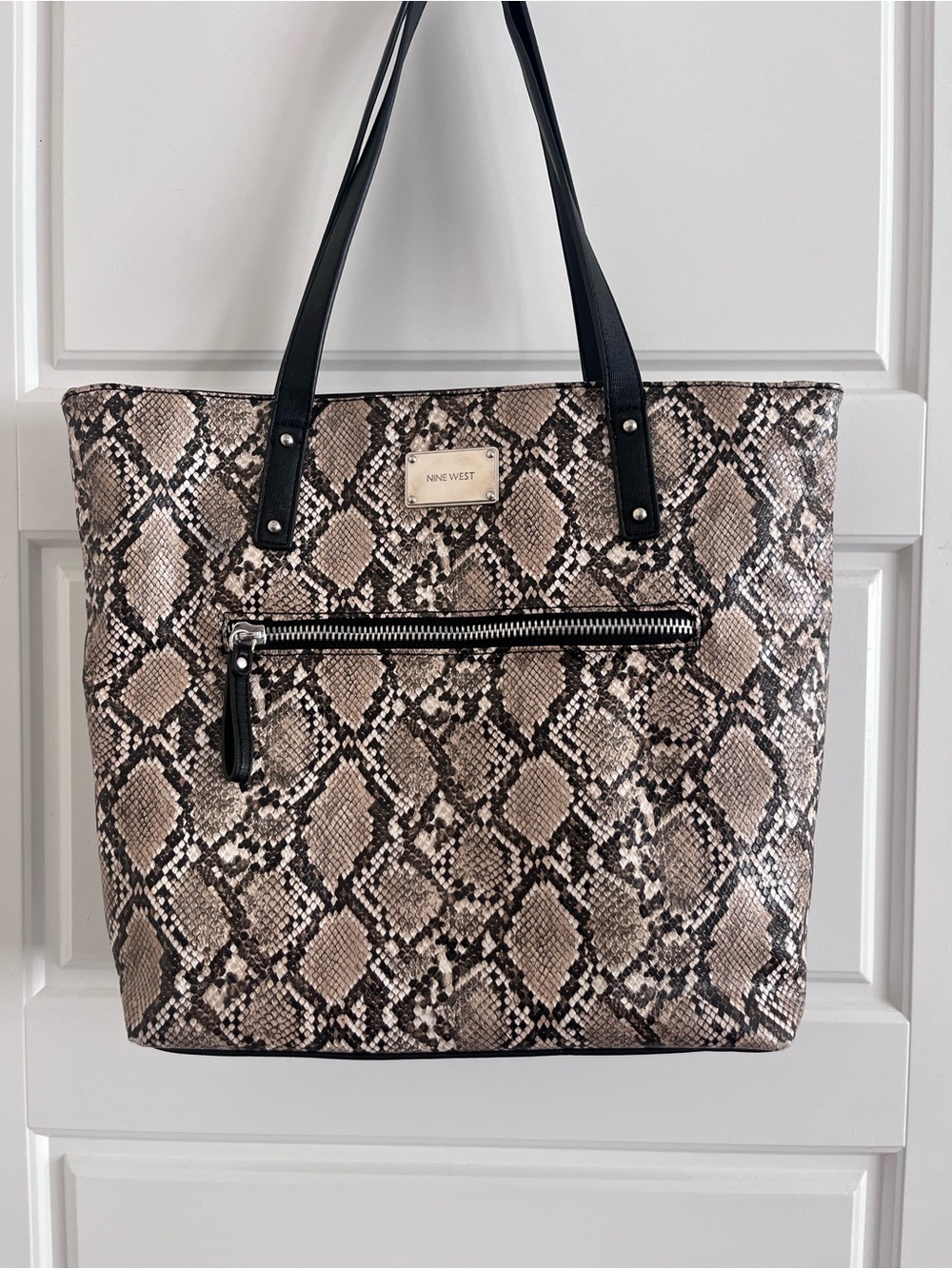 Nine West Snake-Print Tote in Beige and Black with Exterior Zip